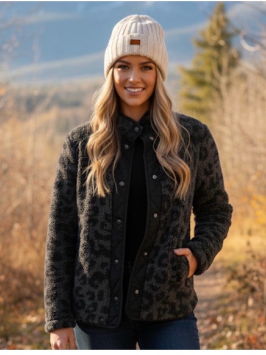 Member's Mark Jackets & Blazers - Member's Mark Charcoal Gray Black Leopard Cozy Sherpa Snap Front Jacket Small